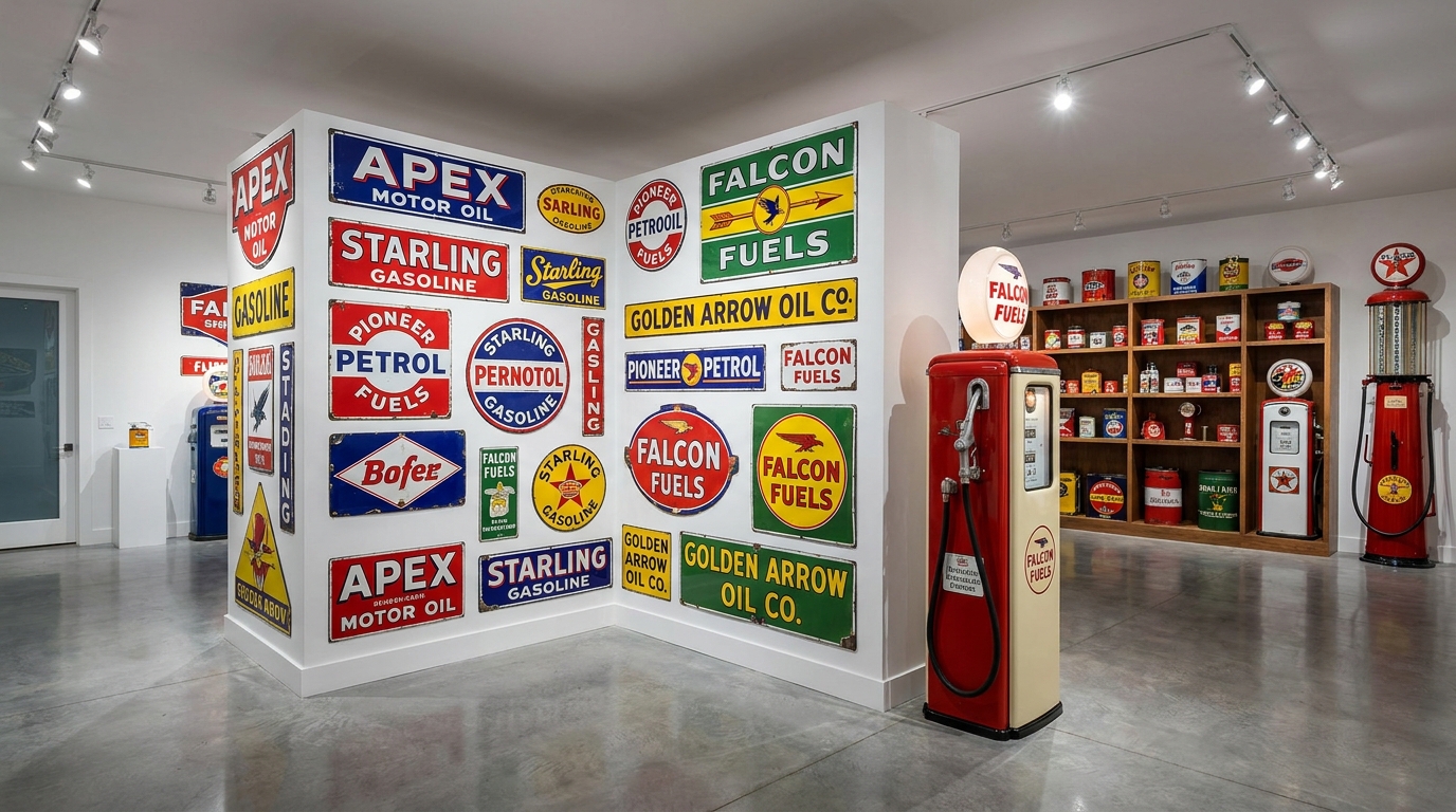 A bright collector's display of vintage porcelain gas-station signs and a restored antique gas pump